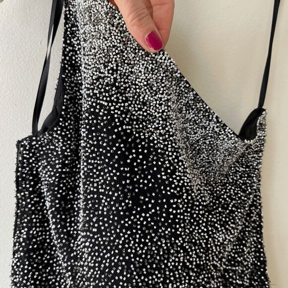 VTG Scala Beaded Silk One Shoulder Asymmetrical Top Black Silver M - Picture 15 of 16